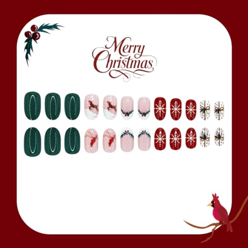 24Pcs Christmas Press on Nails Short Almond Fake Nails Red Green Xmas Nails - color: Winter Christmas Nails-10