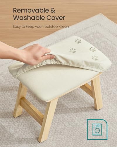 SONGMICS Foot Stool Ottoman, Padded Foot Rest Under Desk, Solid Wood Frame - color: Summer Sand + Natural Wood, size: 9.8"D x 15.4"W x 11.8"H