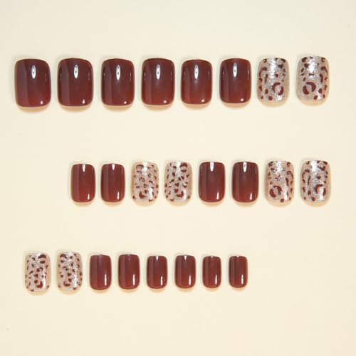 Fall Brown Press On Nails Short Square Fake Nails With Leopard Print Design - color: fallnails21