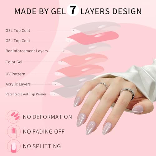 Almond Cat Eyes Press On Nails,12 Sizes - 24 Pcs Soft Gel Light Purple Medium Fake Nails Kit with Nail Glue, Natural Reusable Stick On False Nails for Women and Girls (Skycloud Light Purple) SK0763 - color: SK0763-Light Purple