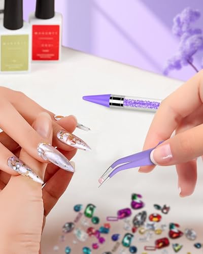 Difenni Rhinestone Picker Tool, Wax Pencil for Rhinestones Tool, Dual-Ended DIY Nail Bedazzling Tools with 4 Extra Purple Replaceable Wax Head and 1 Tweezer(Purple) - color: Purple B