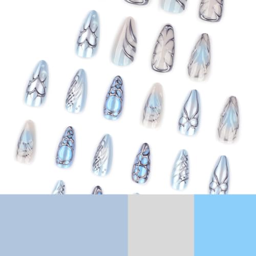 Y2K Blue Press on Nails Long Almond - 3D Metal Design - color: Style-07