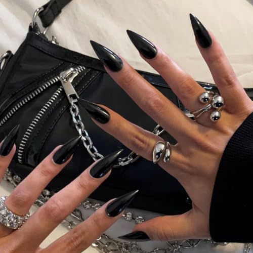Black Press on Nails Almond Medium Glossy Fake Nails for Women - color: 09-Black