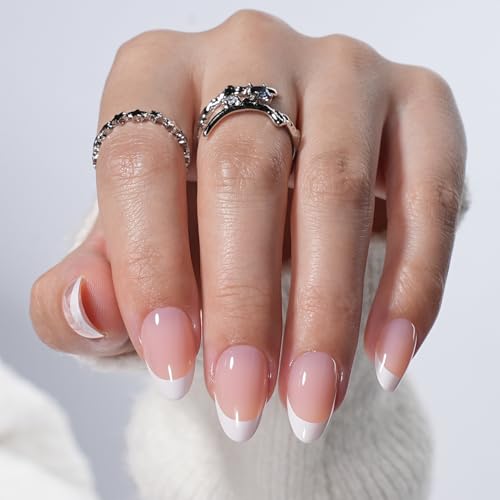 White French Tip Press On Nails - White Short Almond Fake Nails - color: 7D - White French