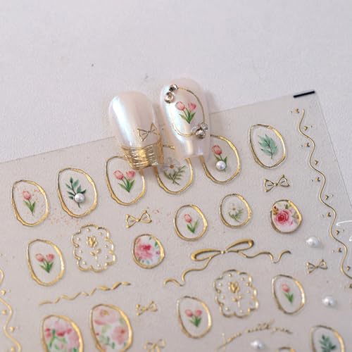 1 Sheet Flower Nail Stickers 5D Embossed Nail Art Stickers Decals Tulip Glue Irregular Geometric Frames Nail Decals Gold Hollow Designs Nail Supplies Pink Floral Manicure Decor Accessories for Women - style: tulips