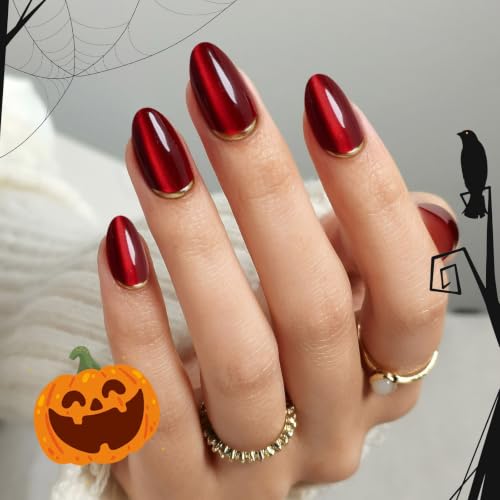 SHANGMENG Cherry Red Cat Eye Press on Nails Almond Short with 3D Gold Tail - color: Ruby Luxe