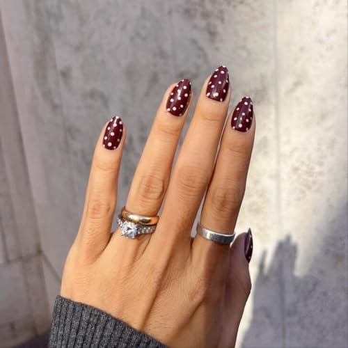 LAMIMOSA 32Pcs Brown–Red Polka Dot Press On Nails Short Almond. DOT DOT DOT - color: Dot Dot Dot