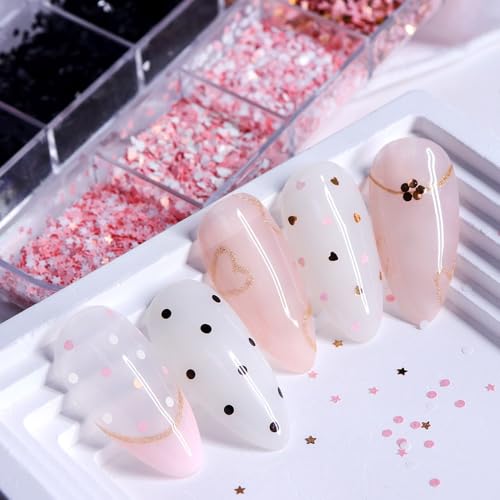 1 Box 4 Color Holographic Hearts Nail Glitter Round Star Nail Sequins 3D Pink Gold Nail Flakes Sparkly Glitter Flakes Shiny Nail Glitter Valentine's Day Nail Sequins Glitter for Nails Art 12 Grids - color: YHN01