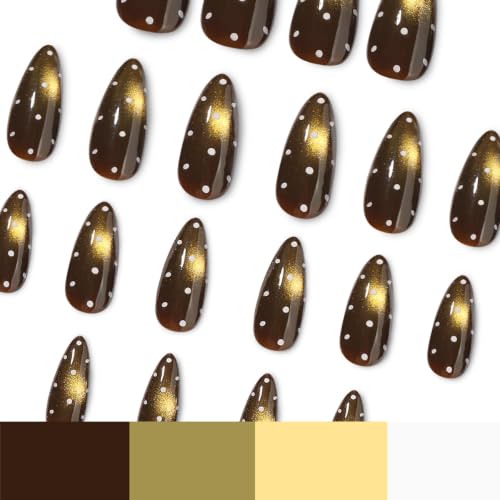 Brown Press on Nails Almond, Fall Winter Cat Eye, Polka Dots, Medium - color: Style-37