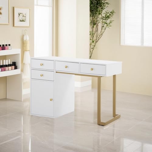 BarberPub Beauty Manicure Table with Storage Drawers, Nail Salon Desk for Nail Tech, Makeup Station with Round Handles, Beauty Equipment with Display Open Space 2990 (White&Golden) - color: White&golden