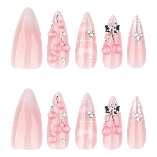 Almond Press On Nails Medium Long Fake Nails Press Ons With 3D Cherry Rhinestone Design Acrylic Nails Silver Bow False Nails Pink Glossy Glue On Nails For Women - color: Design-10