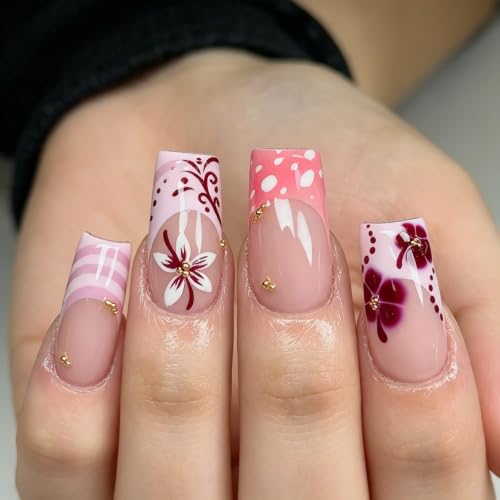 24Pcs Pink Flower Press on Nails Medium Square Fake Nails Summer Hibiscus Flowers False Nails Pink White Striped Acrylic Nails Spring Summer Glue on Nails Wine Red Flower Stick on Nails for Women - color: Hibiscus Striped Style