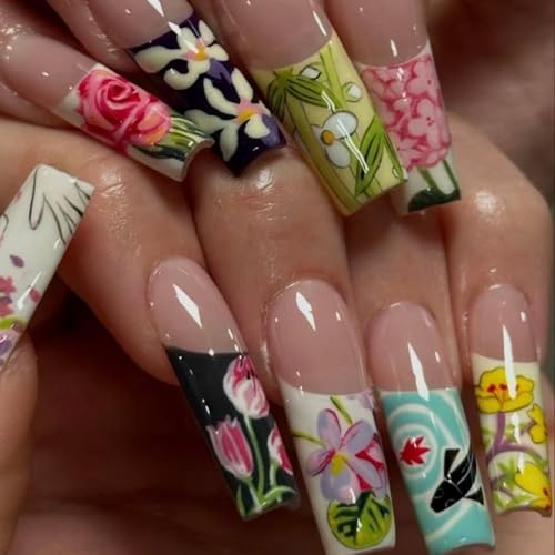 24pcs Long Coffin Press on Nail Spring Fake Nails French Tip Press ones with Floral designs Colorful Stick on Nail Full Cover Cute False Nails Reusable Flower Glue on Nails for Women Summer - color: styles37