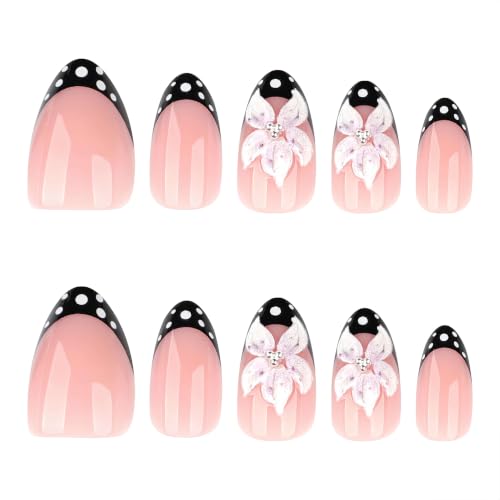 Medium Almond Press On Nails, Nude Pink Fake Nails with 3D Flower Design, Black French Tips and White Polka Dot Accents, Glossy Reusable Glue On Nails for Women Daily Wear Party, 24PCS - color: 3D-70-Pink Blossom Dots