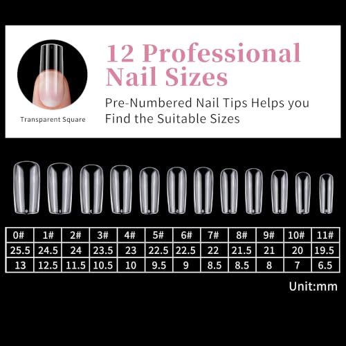 Square Nail Tips 288 Pcs 12 Sizes, Pre-Etched Soft Gel Full Cover Nail Stickers, Transparent Press on Fake Nails for Home DIY, Nail Salons, Nail Art & Extension, Long Lasting Clear False Nails - size: Square