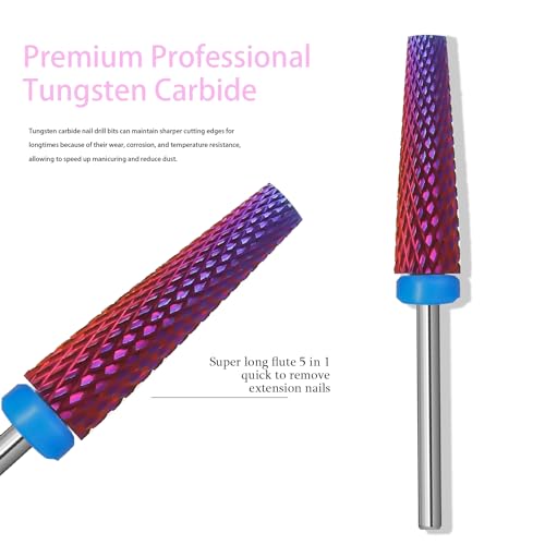 Super Long 5 in 1 Nail Drill Bits, Professional 3/32'' Carbide Tungsten Two Way Rotary Nail Cleaner Nail Bits, Suitable for Manicure Pedicure Cuticle Gel Polishing Acrylic Nails (Purple, Medium-M) - color: Purple, size: Medium-M