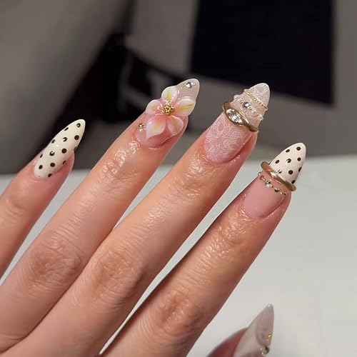 White Lace Press On Nails Medium Almond Fake Nails Polka Dot False Nails With Flower Gold Ring Design Acrylic Nails Press Ons Rhinestone Reusable Glue On Nails For Women - color: Design-28