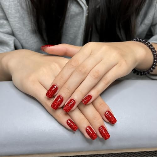Red Glitter Nail Stickers, 32 Nail Wraps, No UV Lamp, Zero Dry Time - color: Red Glitter