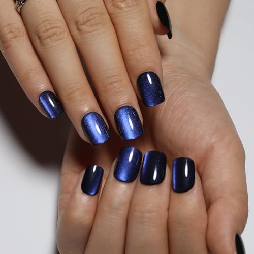 Dark Blue Press On Nails Square, Short Cat Eye Fake Nails - color: M01-Midnight Mirage