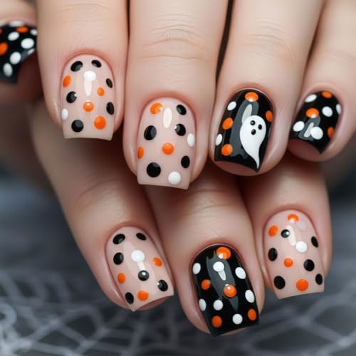 Halloween Press on Nails Short Square Nails Press on Polka Dot Fake Nails - color: Halloween26-Black-4