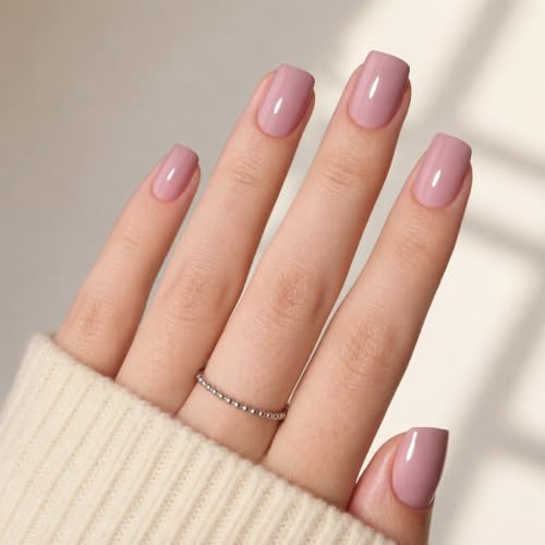 Pink Nude Press On Nails, Short Square, Glossy Skin Tone Glue On Nails - color: A8-Pink Nude