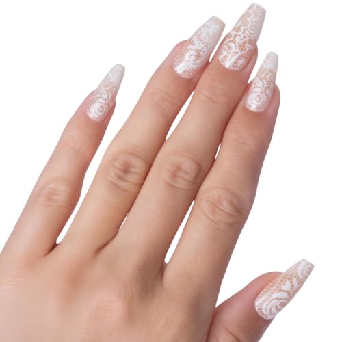 PaintLab Beige Lace Press On Nails, Long Coffin, 24pcs Nail Kit - color: Beige Lace