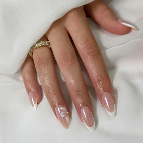 Qsnidy Pearlescent Press on Nails - Glazed 3D Flower, Medium Almond - color: Glazed 3D Flower