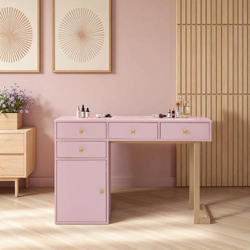 BarberPub Beauty Manicure Table with Storage Drawers, Nail Salon Desk for Nail Tech, Makeup Station with Round Handles, Beauty Equipment with Display Open Space 2990 (Pink & Gold) - color: Pink & Gold