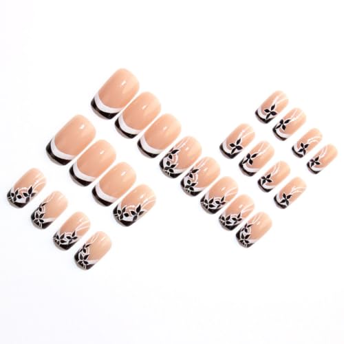 Fall Press on Nails Medium Square Fake Nails with Flower Lines Designs Autumn Nails Press ons Black White Glue on Nails Glossy Acrylic Nails Cute Stick on Nails for Women 24Pcs - color: Flower Lines Designs