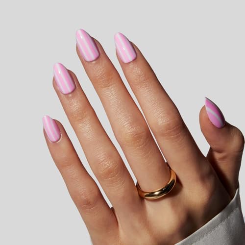 LAMIMOSA 32Pcs White Striped Pink Press On Nails Short Almond, CANDY - color: CANDY