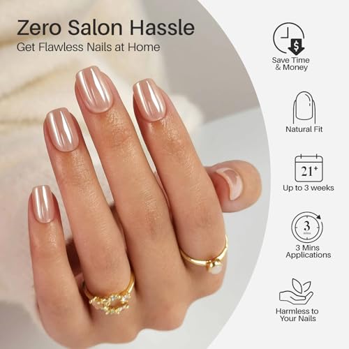 SHANGMENG Press on Nails, Square Short Nude Chrome Fake Nails, Soft Gel - color: Mirror Skin