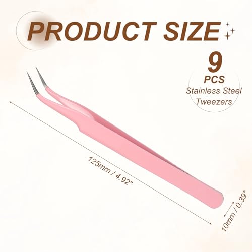 HARFINGTON 9pcs Curved Pointed Craft Tweezers with Protective Cover Pink - color: Pink