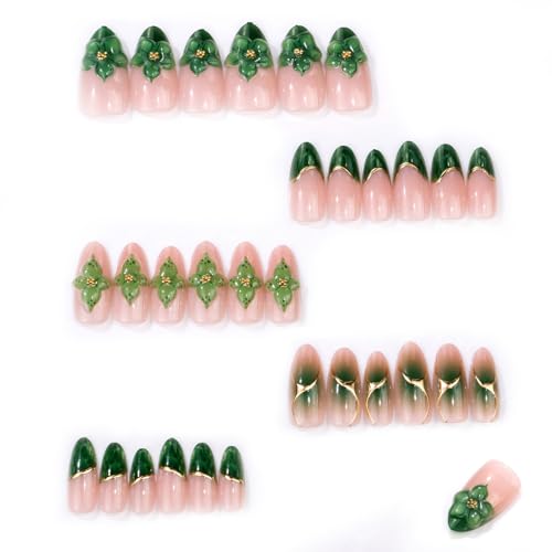 Green French Press On Nails Medium Almond Fake Nails Floral False Nails With Glod Curve Desigh Reusable Acrylic Nail Press Ons Full Cover Glossy Glue On Nails For Women Manicure 24Pcs - color: Design-22