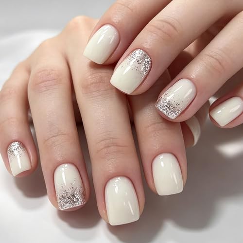 Short Press On Nails Square Fake Nails With Silver Glitter Design Acrylic Glue On Nails Glossy Cream White False Nails Press Ons Reusable Stick On Nails For Women - color: short square nails-5