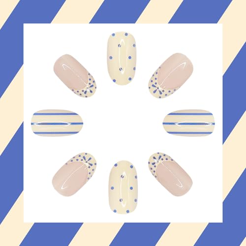 Polka Dot Press On Nails Short Almond Fake Nails French False Nails With Blue Stripe Design Reusable Acrylic Nail Press Ons Glossy Full Cover Glue On Nails For Women Manicure 24Pcs - color: Design-16