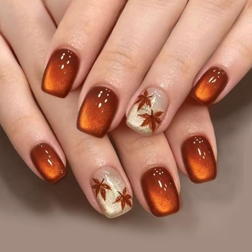 Fall Maple Leaf Press on Nails Short Square Fake Nails with Glitter Design Orange Cat Eye Acrylic False Nail Autumn Leaf Full Cover Stick On Nail Reusable Thanksgiving Artificial Nails for Women 24Pcs - color: special Fall-25
