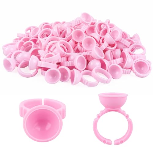 G2PLUS 100PCS Pink Disposable Plastic Nail Art Tattoo Glue Rings Holder Eyelash Extension Rings Adhesive Pigment Holders Finger Hand Beauty Tools (Pink) - color: PinK