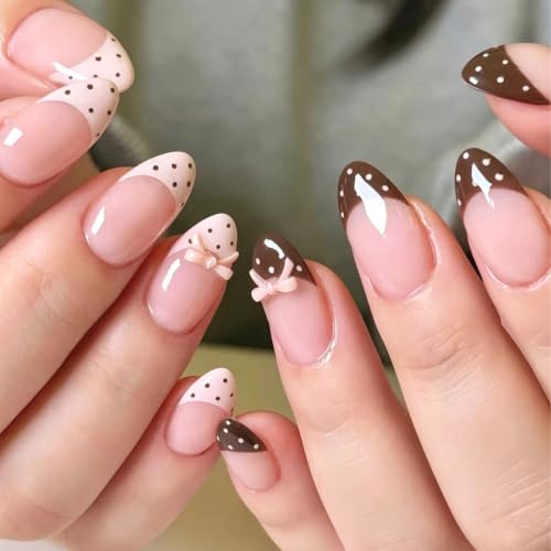 French Tip Press on Nails with Polka Dots, Short Almond Fake Nails - color: Style-19