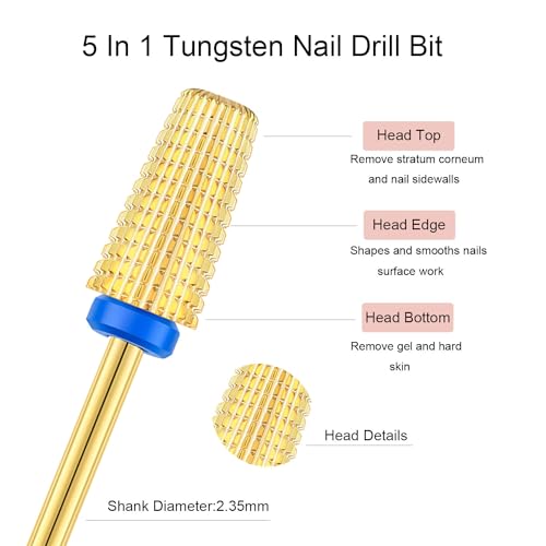 2pcs 5 in 1 Nail Drill Bits, 3/32'' Tungsten Carbide Safety Bits,Two Way Use for Both Left and Right Handed, Fast Remove Cuticle Acrylic Gel Polishing Manicure Pedicure Tools (Gold) - color: Gold
