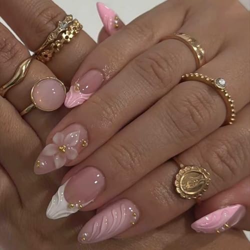 Pink Almond Press On Nails Medium Fake Nails With 3D Flower Design French Tip Nail Press Ons Gold Pearl Spring Acrylic Nails Glossy False Glue On Nails For Women 24Pcs - color: Design-1