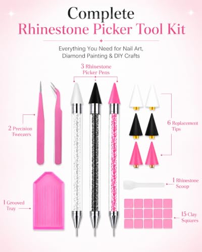 14Pcs Rhinestone Picker Tool 3 Bedazzling Pen, 6 Wax Tips&2 Tweezer - color: White pink