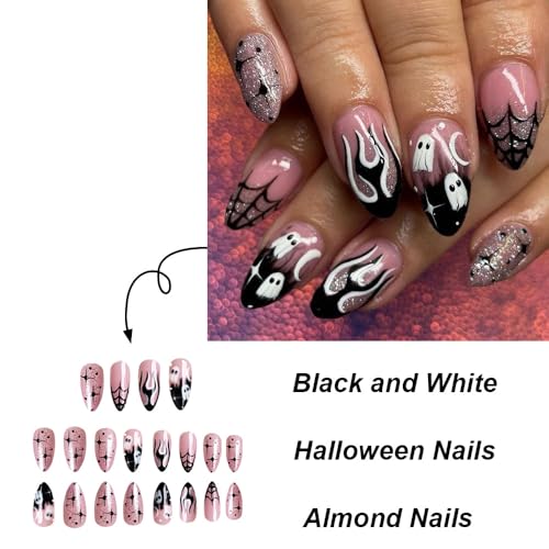 Halloween Press on Nails Medium Almond Fake Nails Ghost Flame False Nails - color: Style 5