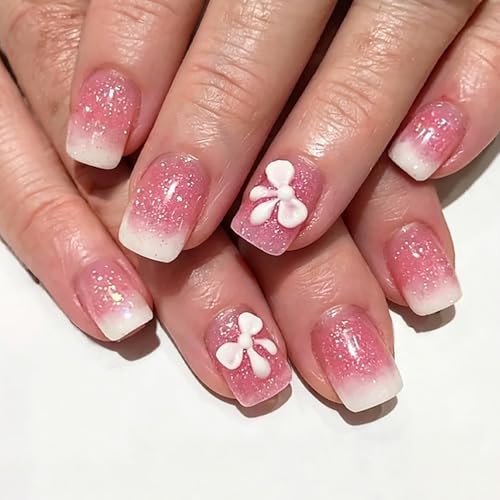 Pink Press On Nails Short Square Fake Nails With Bow Design Pink Glitter False Nails Gradient Nail Press Ons Glossy Full Cover Reusable Acrylic Glue On Nails For Women - color: short square nails-9