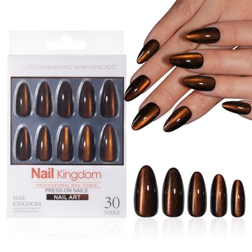 Dark Brown Cat Eye Press on Nails Medium Almond Glitter Fake Nails 30 Pcs - color: Style-23