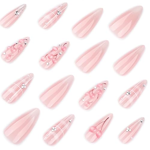 Almond Press On Nails Medium Long Fake Nails Press Ons With 3D Cherry Rhinestone Design Acrylic Nails Silver Bow False Nails Pink Glossy Glue On Nails For Women - color: Design-10