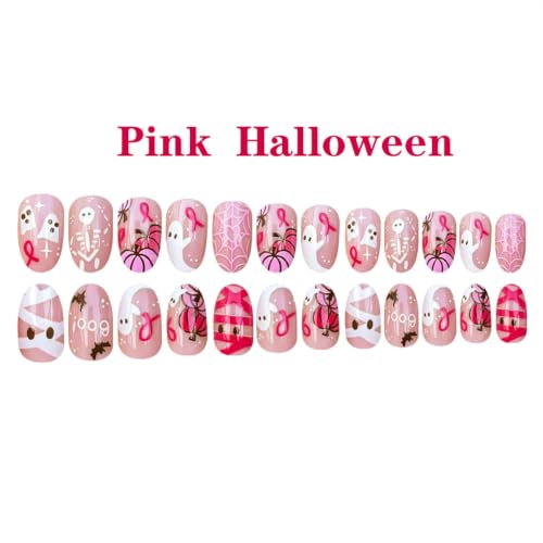 Halloween Press on Nails Pink Short Oval Fake Nails Almond False Nails - color: Style 3