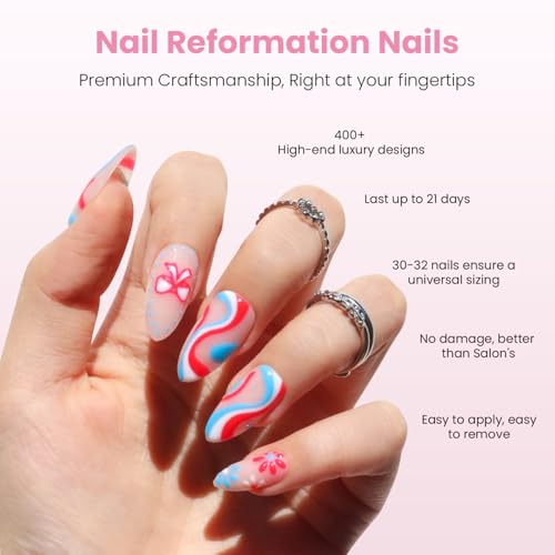 Nail Reformation Press On Nails, Red White & Blue Swirl Medium Almond 30Pcs - color: Firecracker Pop