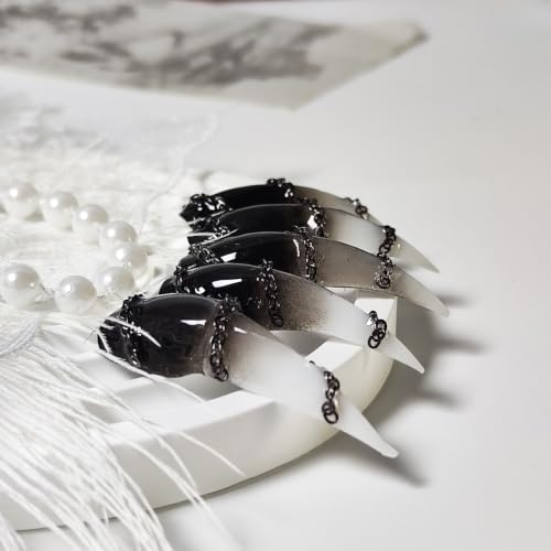 10Pcs Handmade Claw Press on Nails,Long Cats Claw 3D Chain Fake Nails with Black White Gradient Designs Gothic Thick Acrylic Nails Press Ons Glossy Stick on Nails for Women Girls (Size L) - color: Style 01, size: Long