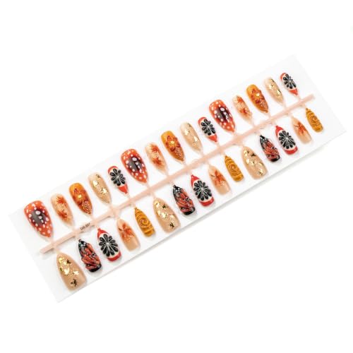 30Pcs Fall Press on Nails Medium Almond Maple Leaf 3D Flower Fake Nails - color: Fall06