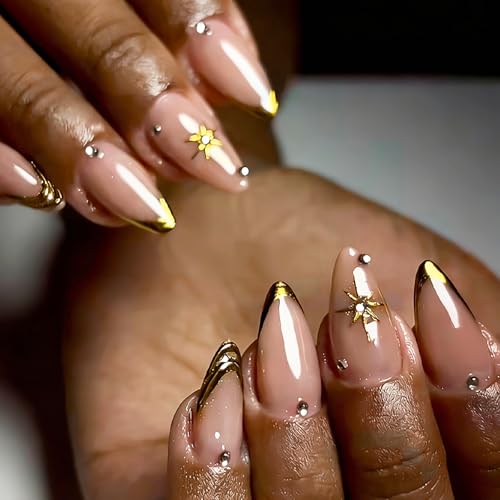 RUOKEXIN Almond Press on Nails French Tip Fake Nails Gold Glitter False Nails with Designs Medium Nail Press ons Sparkly Artificial Nails for Women 24Pcs - color: Almond Style 11-16